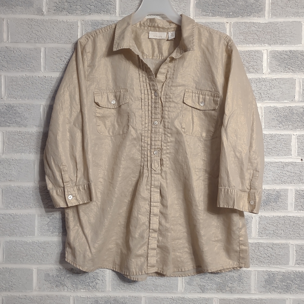 Chicos Women's Gold Shimmery Linen and Cotton Blend Button Down Size 3 (XL)